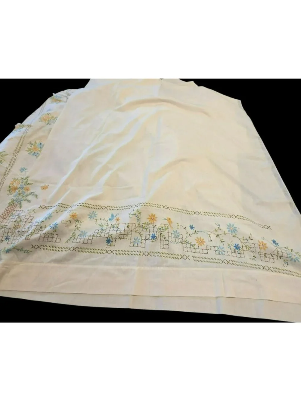 Vtg 70s Queen Bedding Set Lady Pepperell Cottage Floral Faux Needlepoint Muslin